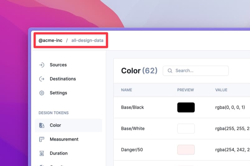An example Specify repository called 'all-design-data' located in the '@acme-inc' organization.